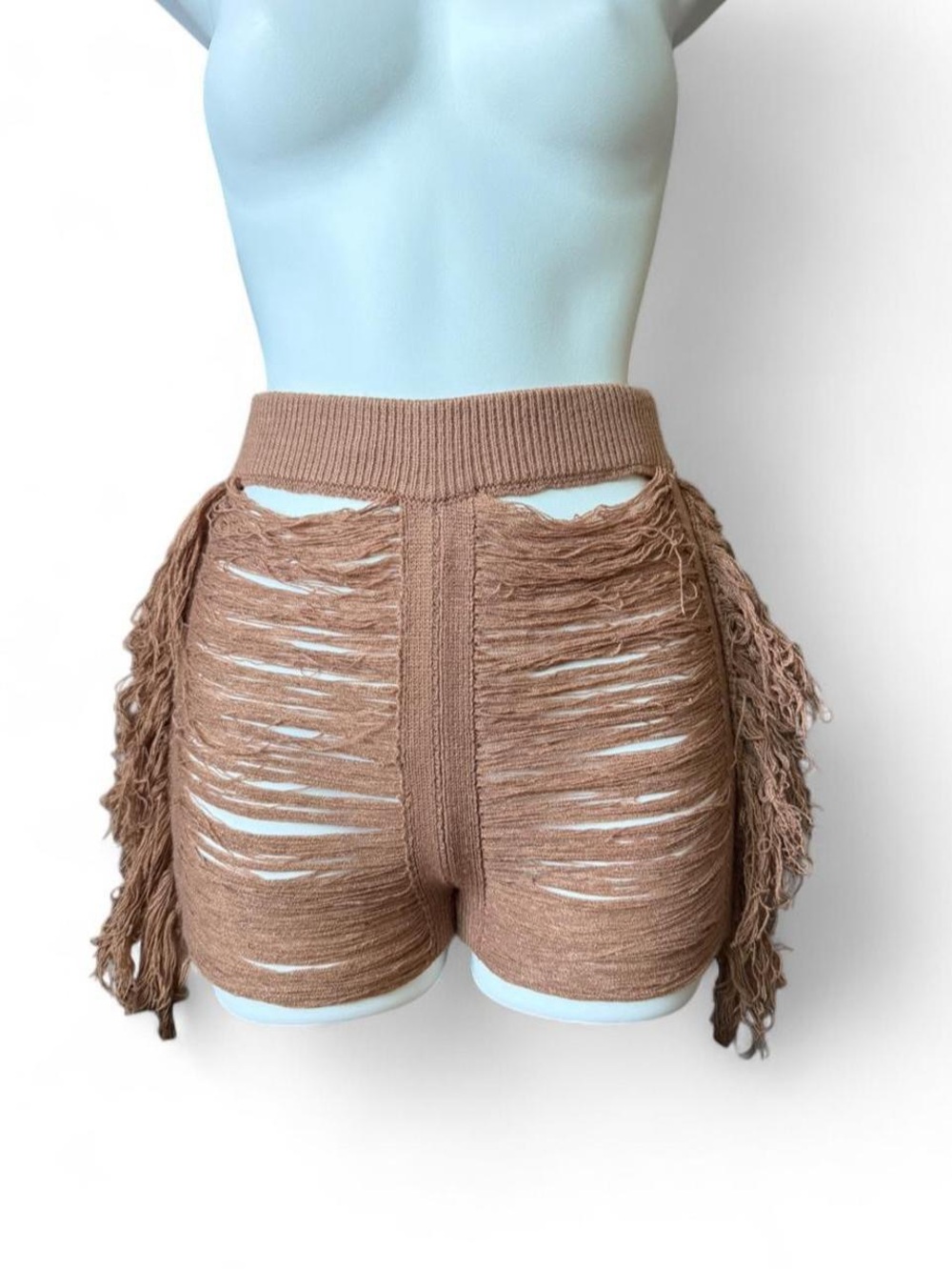 High-Waist Fringe Knit Shorts in Brown - Picture 4 of 6
